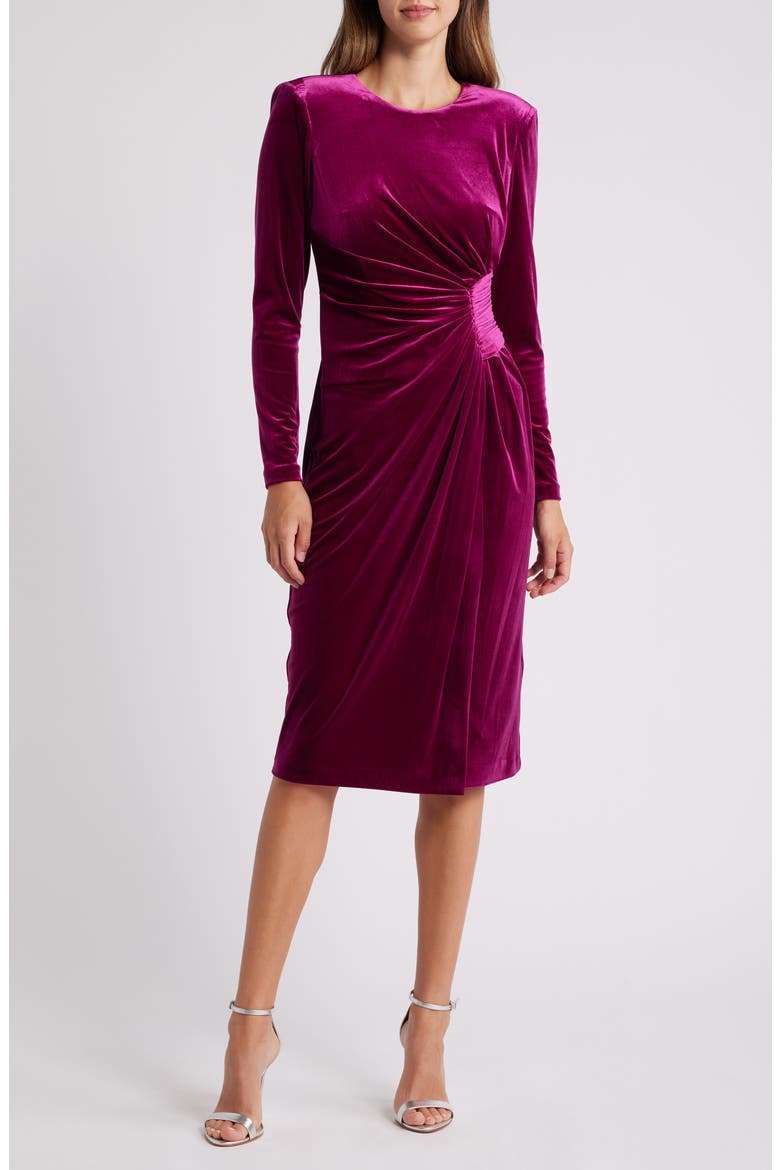 Side Gather Long Sleeve Velvet Dress, Main, color, FCH