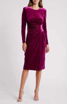 Side Gather Long Sleeve Velvet Dress