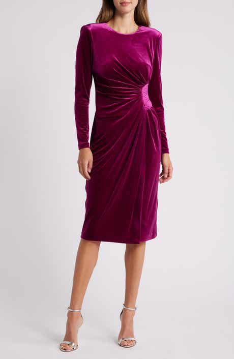 Side Gather Long Sleeve Velvet Dress