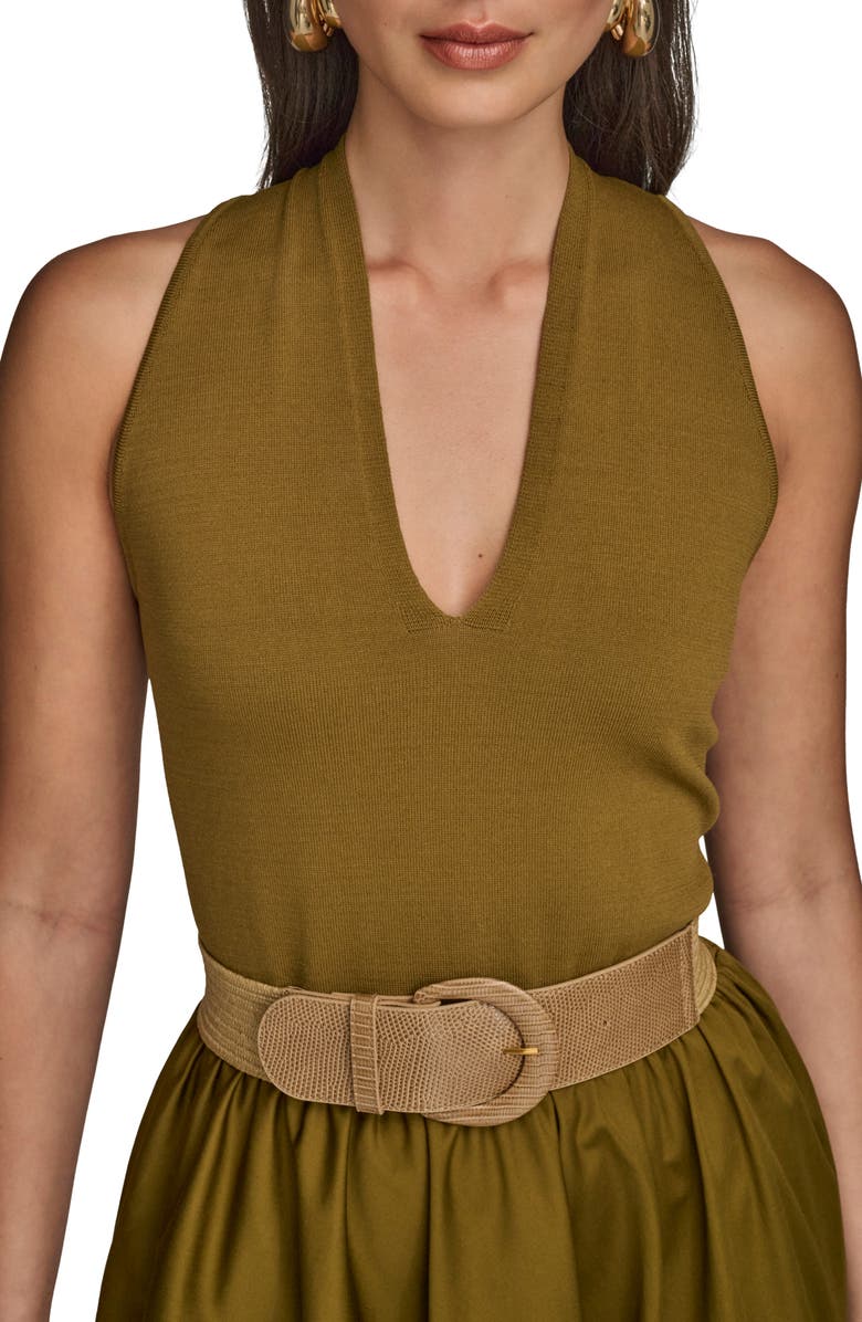 Donna Karan New York Sleeveless Belted Mixed Media Midi Dress, Alternate, color, Smoky Olive