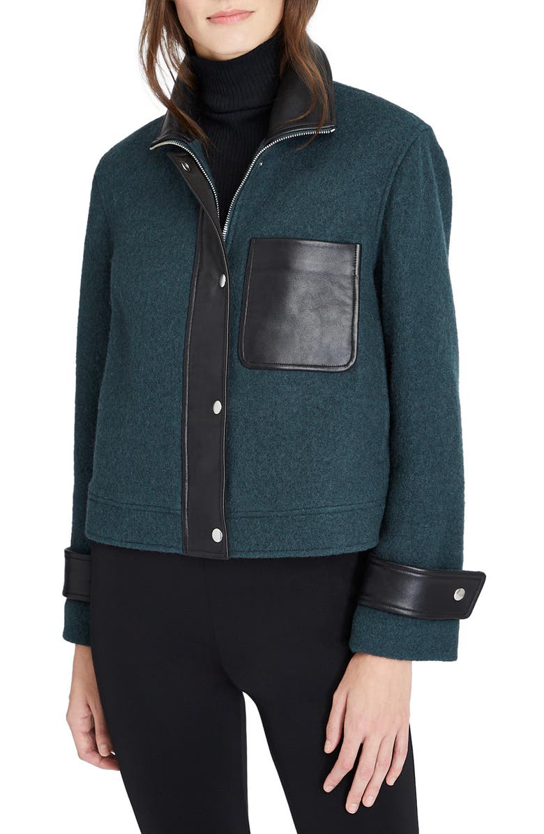Club Monaco Leather Detail Wool Jacket, Main, color, 