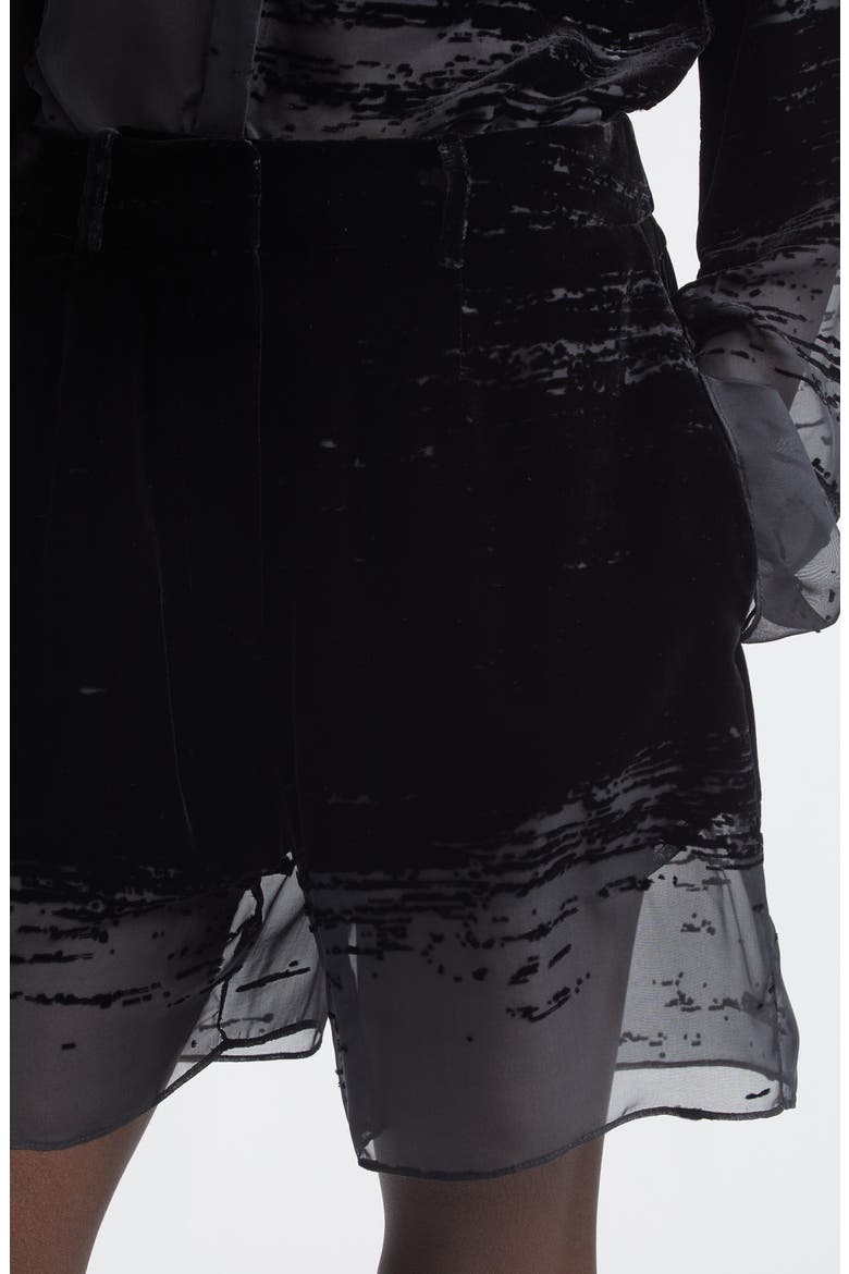 Glitch Devoré Velvet & Sheer Chiffon Shorts, Alternate, color, BLACK