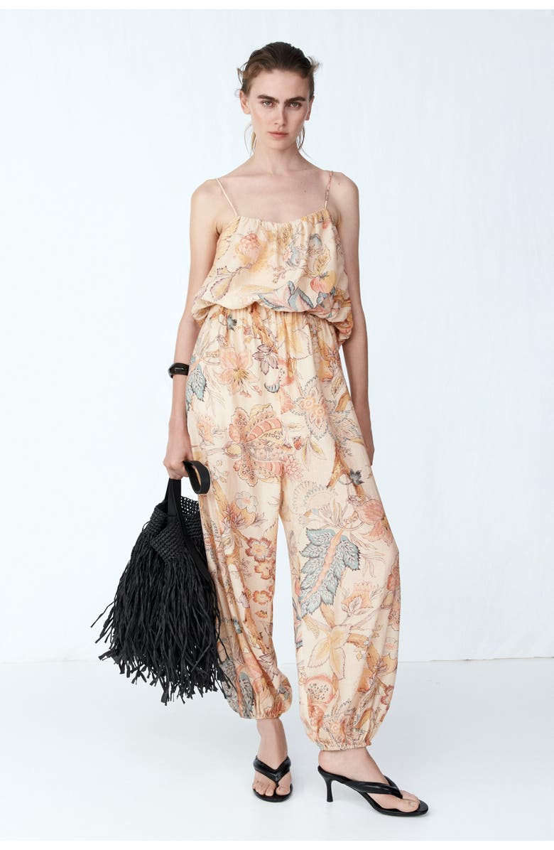 H&M Balloon-leg Tie-strap Jumpsuit, Alternate, color, Light Beige/Paisley
