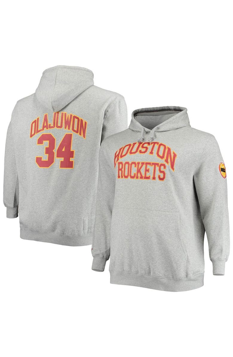 Mitchell & Ness Men's Mitchell & Ness Hakeem Olajuwon Heathered Gray Houston Rockets Big & Tall Name & Number Pullover Hoodie, Main, color, 