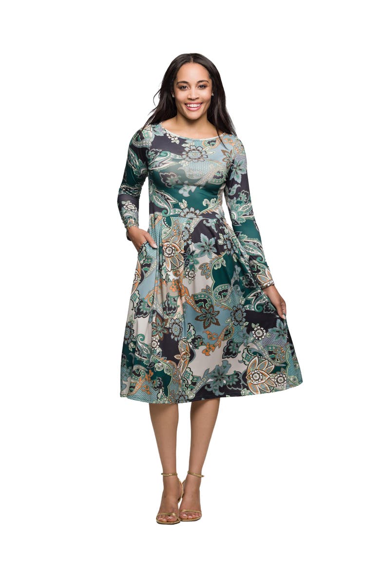 Long Sleeve Midi Dress in Paisley Floral Print, Main, color, Green Multi
