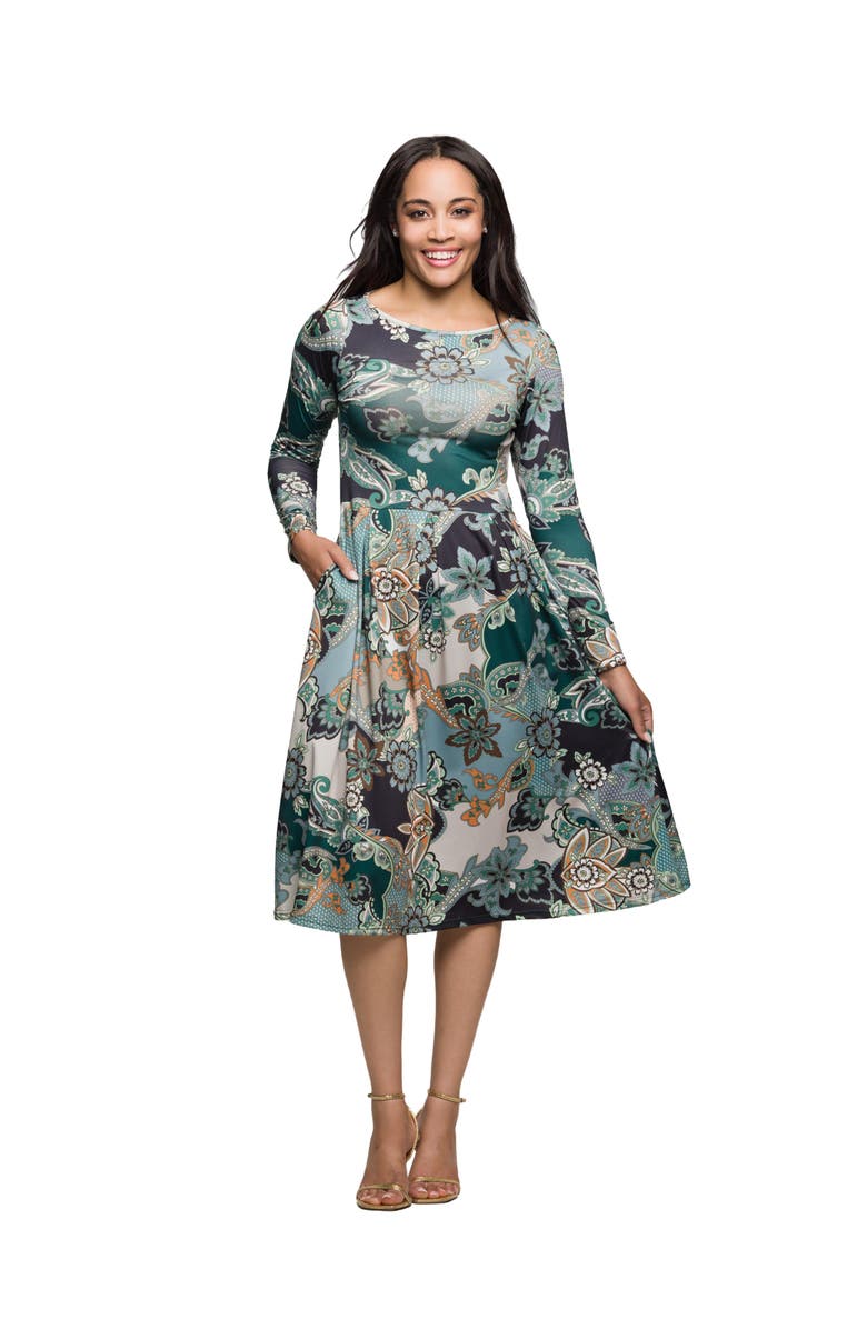 24seven Comfort Apparel Long Sleeve Midi Dress in Paisley Floral Print, Main, color, Green Multi