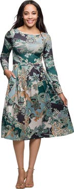 24seven Comfort Apparel Long Sleeve Midi Dress in Paisley Floral Print