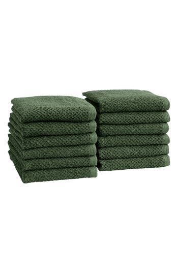 Woven & Weft Set Of 12 Textured Washcloths In Forest Green