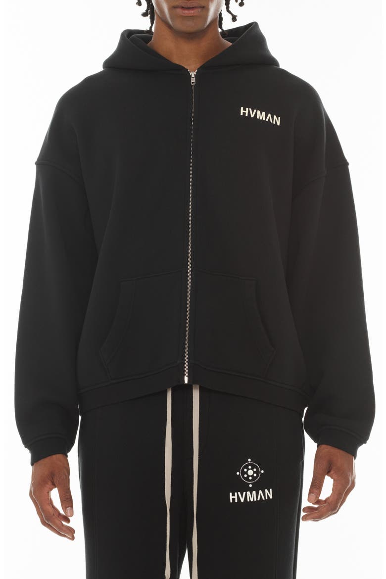 Imitation Pearl Embellished Zip-Up Graphic Hoodie, Main, color, BLACK