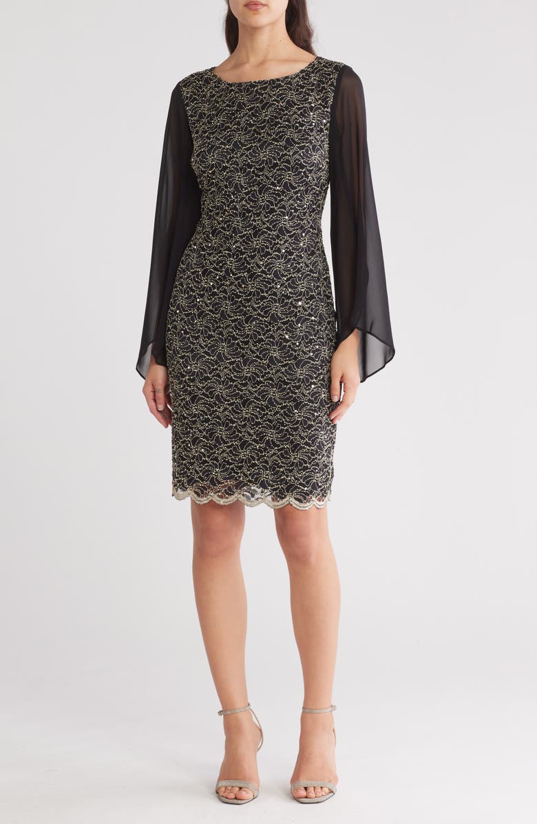 Connected Apparel Cape Sleeve Lace Shift Dress, Main, color, Gold