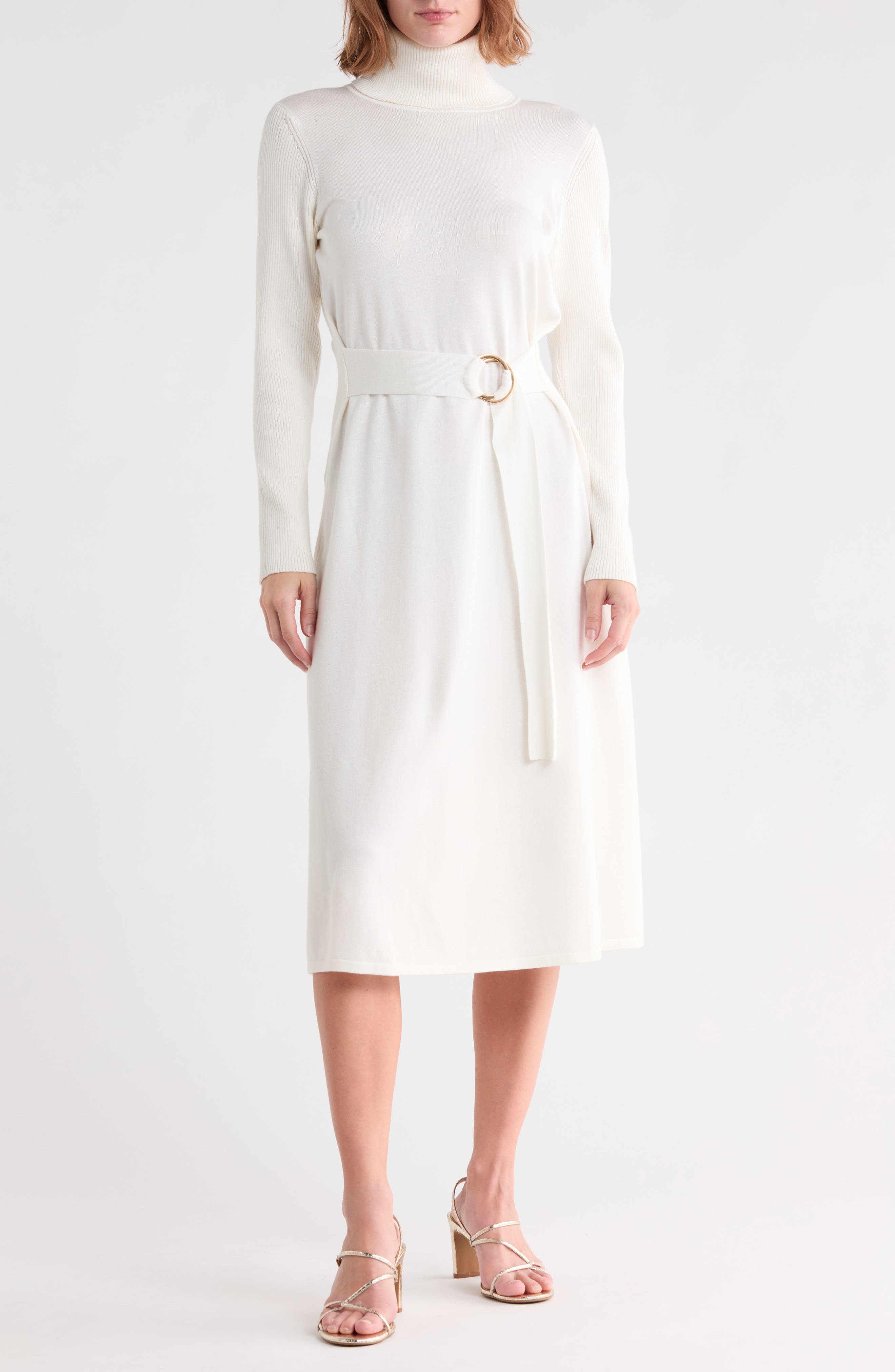 Turtleneck Long Sleeve Belted Sweater Dress