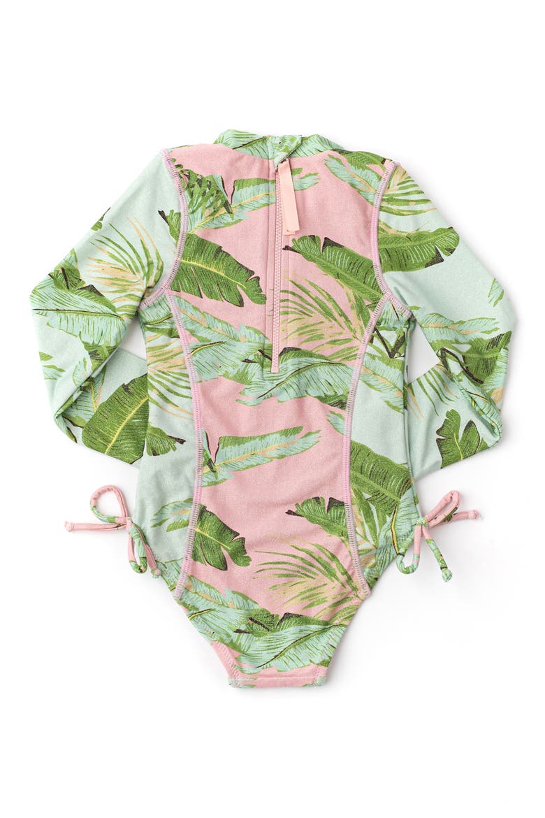 Kids' Shimmer Cabana Palms Long Sleeve One-Piece UPF 50+ Rashguard Swimsuit, Alternate, color, GREEN MULTI