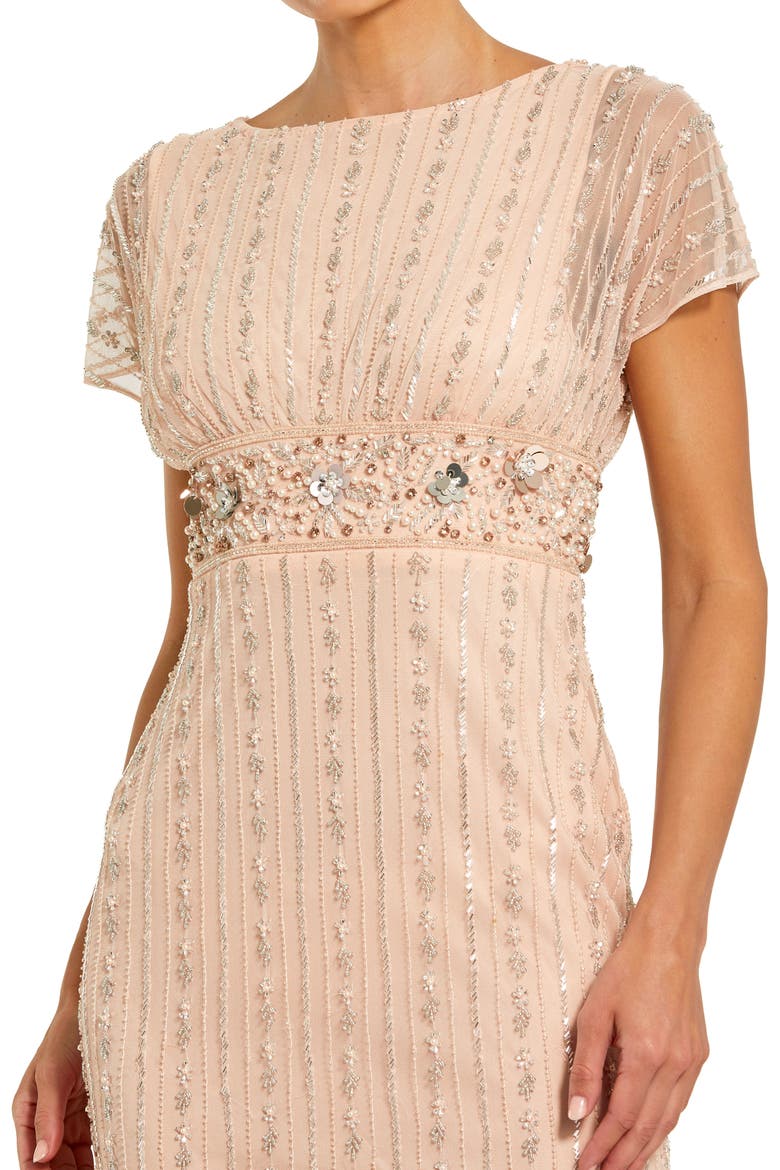 Beaded Blouson Short Sleeve Column Gown, Alternate, color, Rose