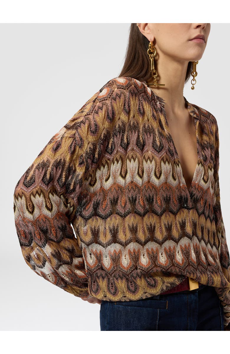 Missoni Oversized Blouse In Viscose Lamé With Arabesque Motif, Alternate, color, Tan