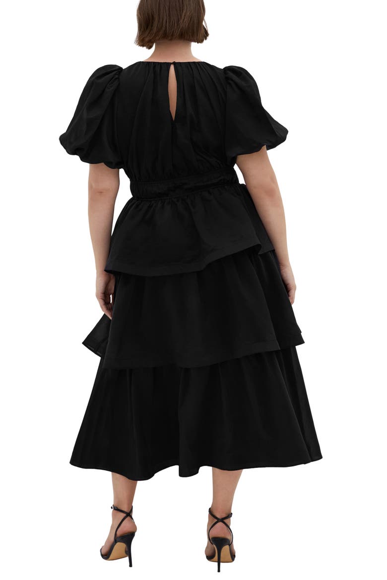 Heavenly Tiered Puff Sleeve Midi Dress, Alternate, color, BLACK