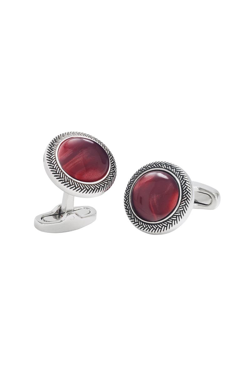 Burgundy Gemstone Round Cufflinks with Antique Silver Braided Border, Main, color, Burgundy