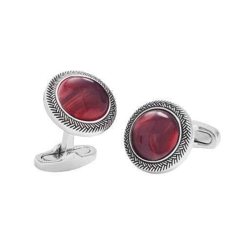 Link Up Burgundy Gemstone Round Cufflinks With Antique Silver Braided Border In Metallic