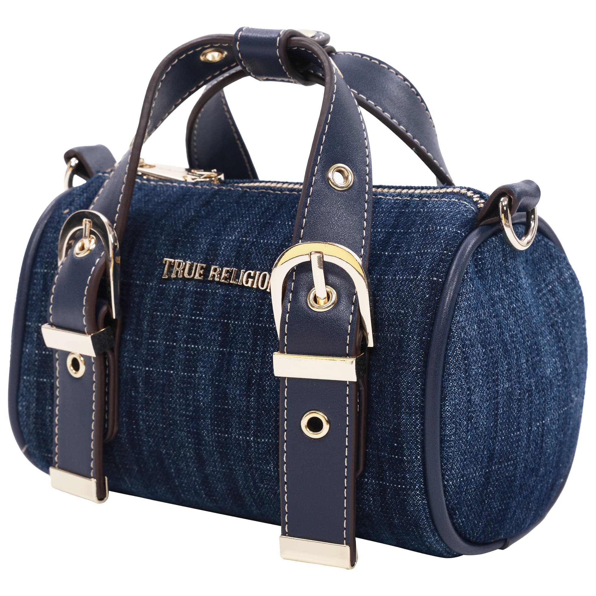 True Religion Denim Buckle Strap Mini Satchel, Alternate, color, Dark Denim