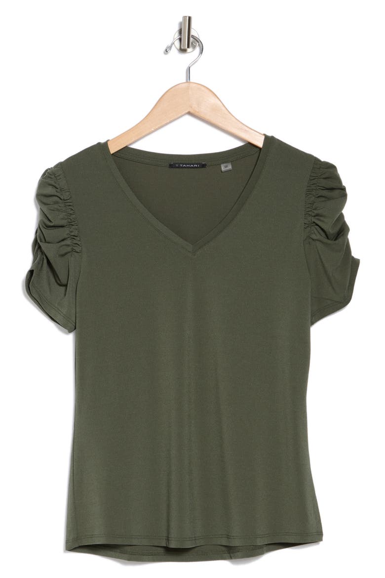 Ruched Sleeve V-Neck T-Shirt, Alternate, color, CYPRESS OLIVE