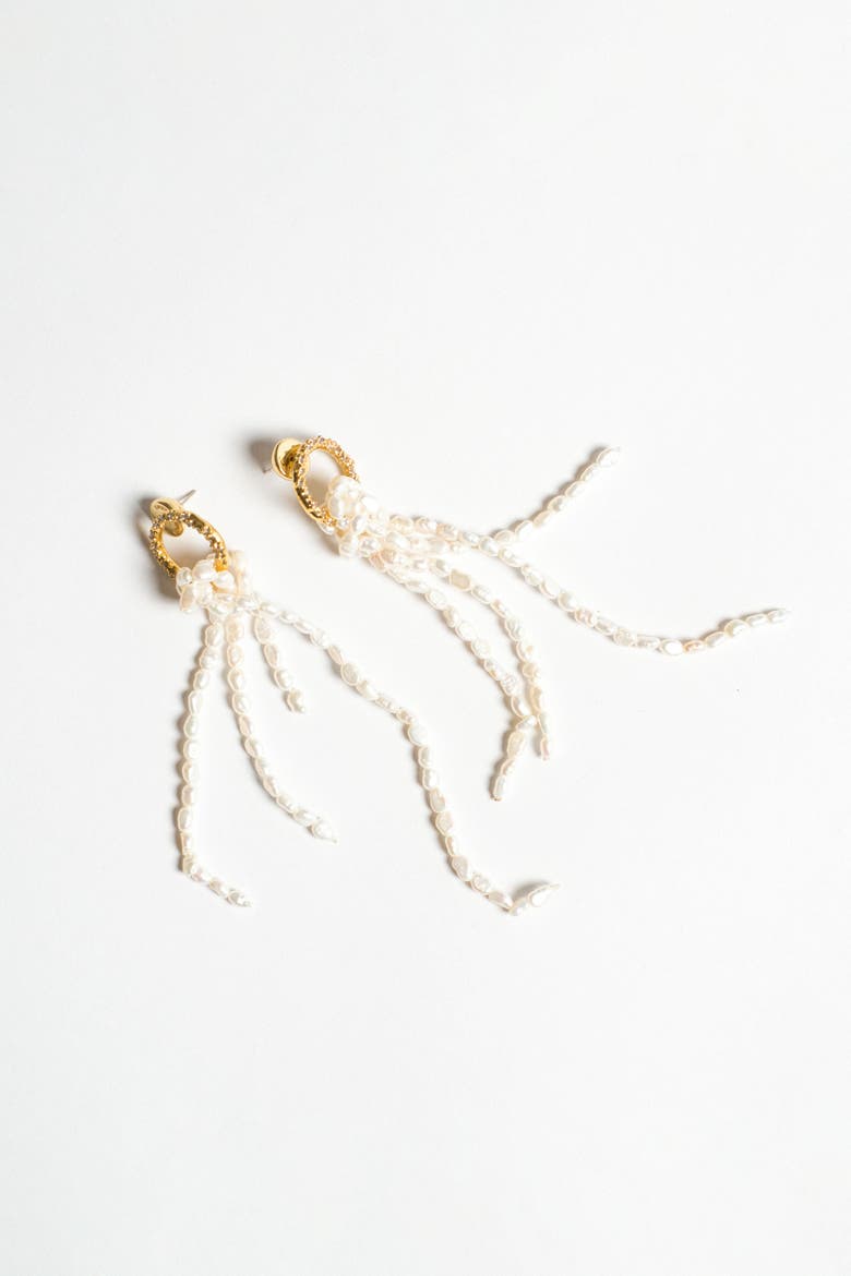 Nina Gold Hoop Bead Pearl Tassel Earrings, Main, color, Gold