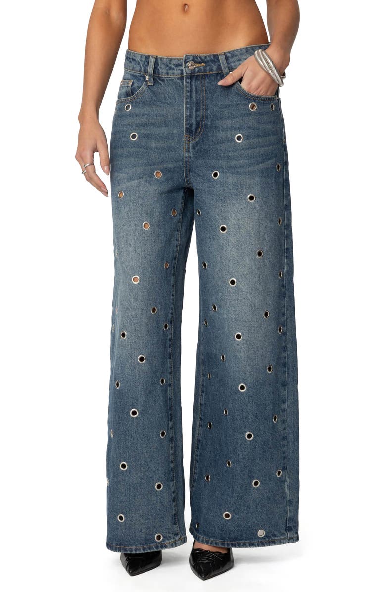 EDIKTED Jainie Grommet Low Rise Jeans, Main, color, Blue-Washed