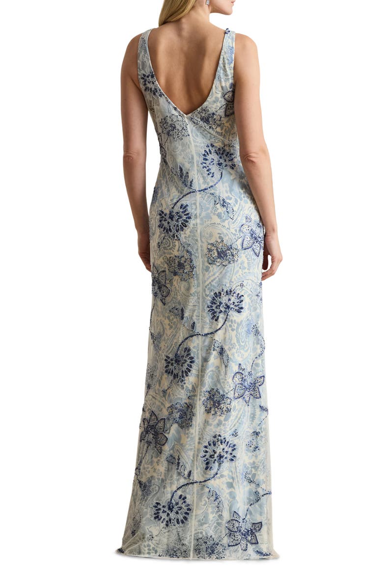 Beaded Floral Mesh Gown, Alternate, color, BLUE/ MULTI