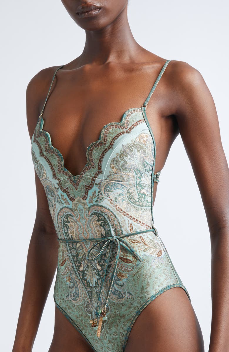 Zimmermann Wanderlust Scalloped One-Piece Swimsuit, Alternate, color, Tapestry Teal Multi