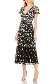 Mac Duggal Embroidered V Neck Cap Sleeve Midi Dress