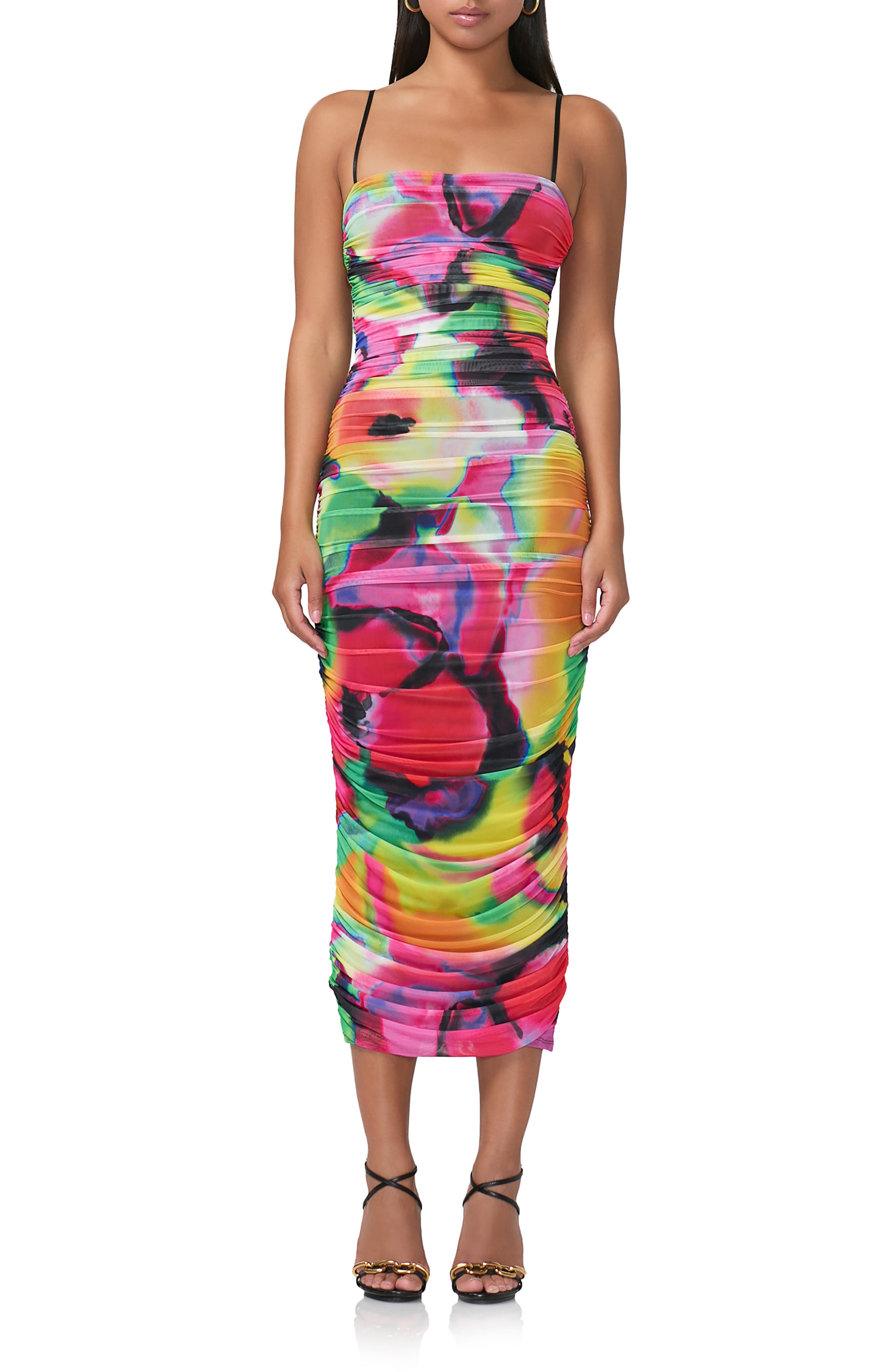 AFRM Hazel Print Ruched Mesh Midi Dress