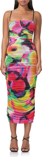 Hazel Print Ruched Mesh Midi Dress
