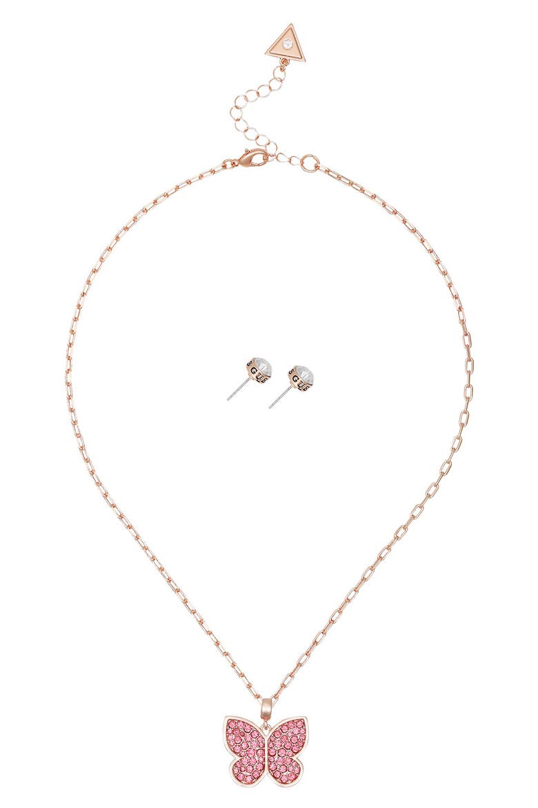 Butterfly Pendant Necklace & Stud Earrings Set, Alternate, color, ROSE GOLD