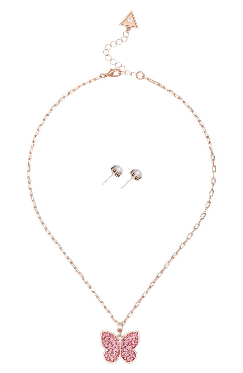 GUESS Butterfly Pendant Necklace & Stud Earrings Set, Alternate, color, Rose Gold