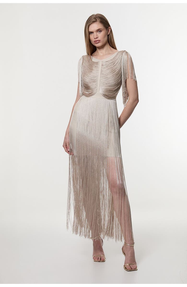 Karen Millen Maxi Draped Fringe Knitted Mini Dress, Main, color, Silver