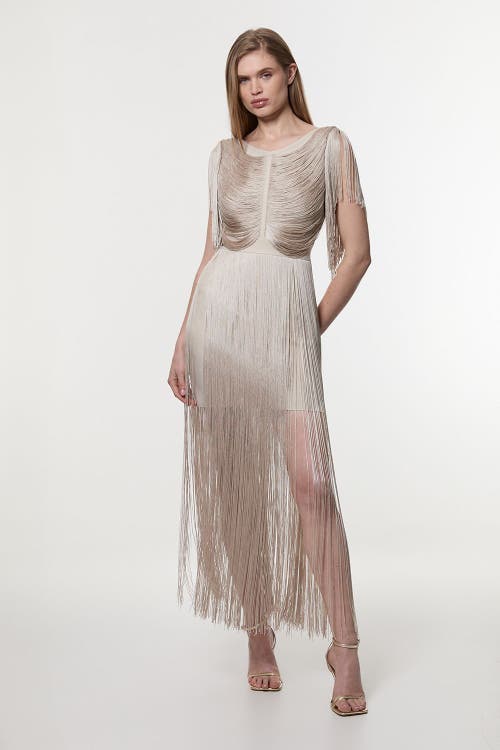 Karen Millen Maxi Draped Fringe Knitted Mini Dress In Neutral