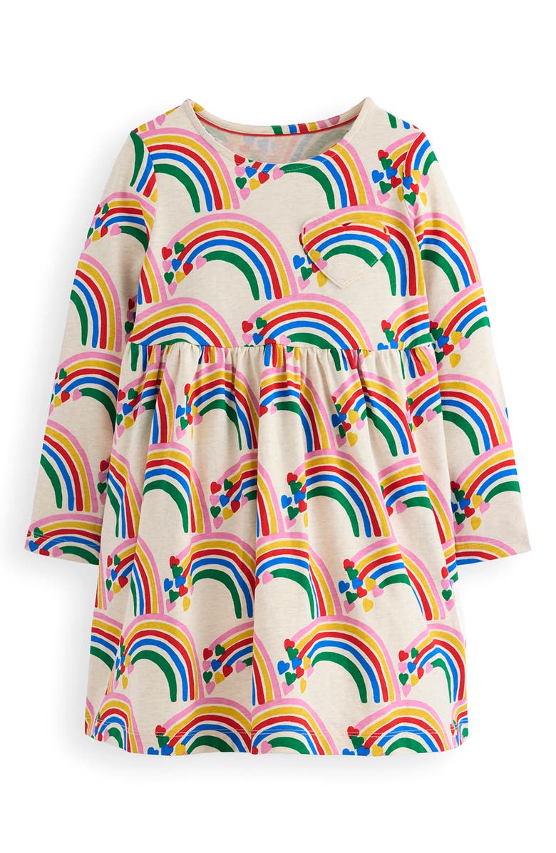 Mini Boden Kids' Heart Print Cotton Jersey Dress, Main, color, Oatmeal Marl Rainbow Hearts