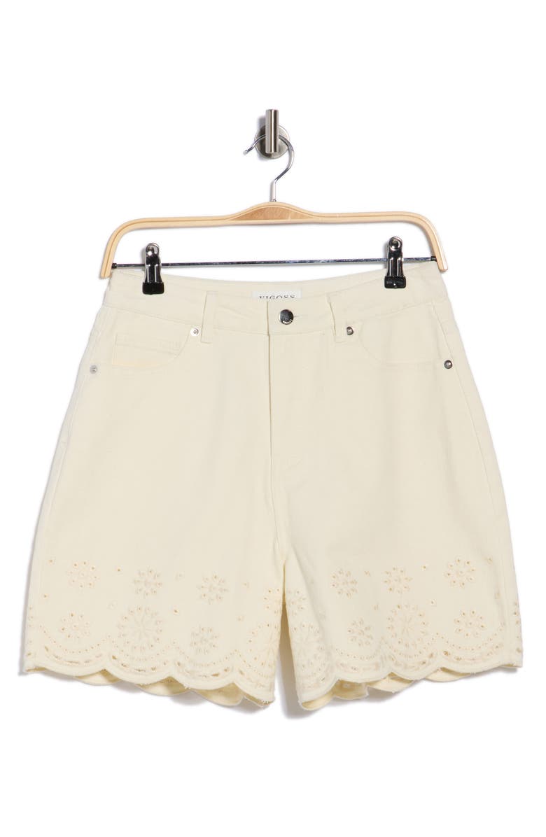 Vigoss Scalloped Eyelet Hem High Waist Denim Shorts, Alternate, color, Ecru