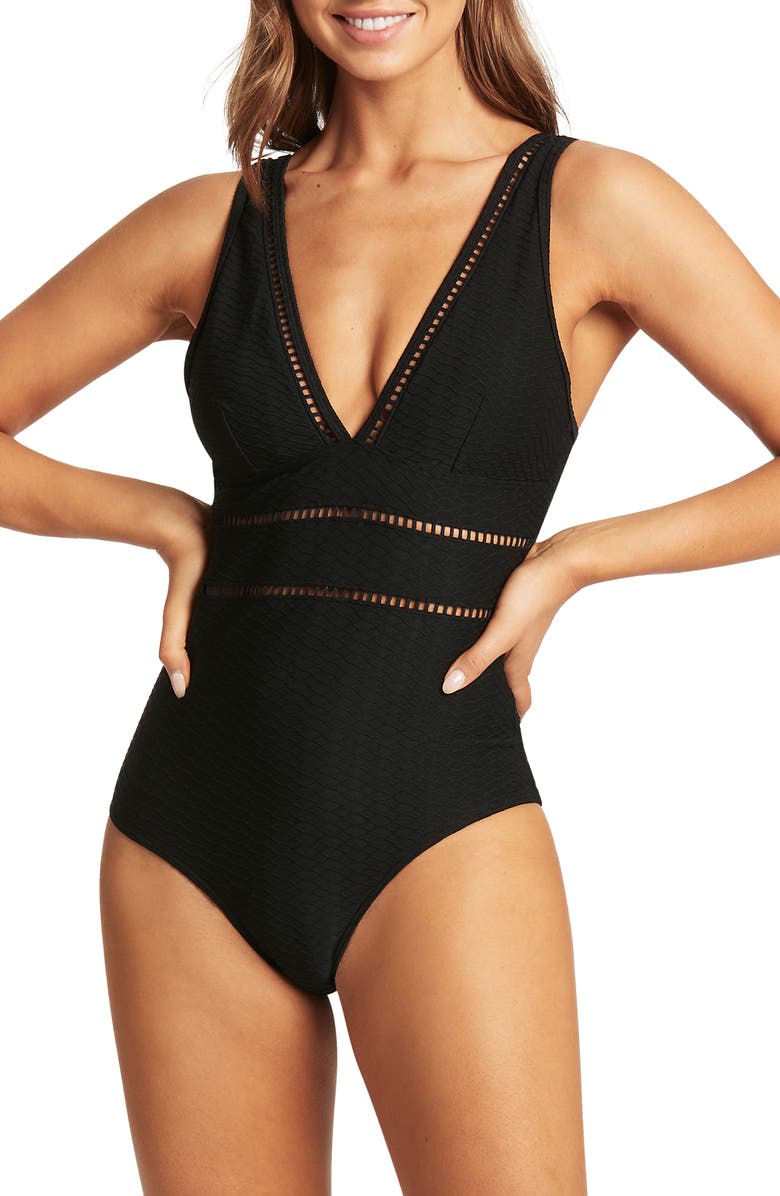 Sea Level Spliced One-Piece Swimsuit, Main, color, 