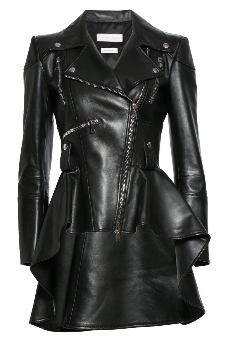 Alexander McQueen Peplum Leather Moto Jacket, Alternate, color, BLACK
