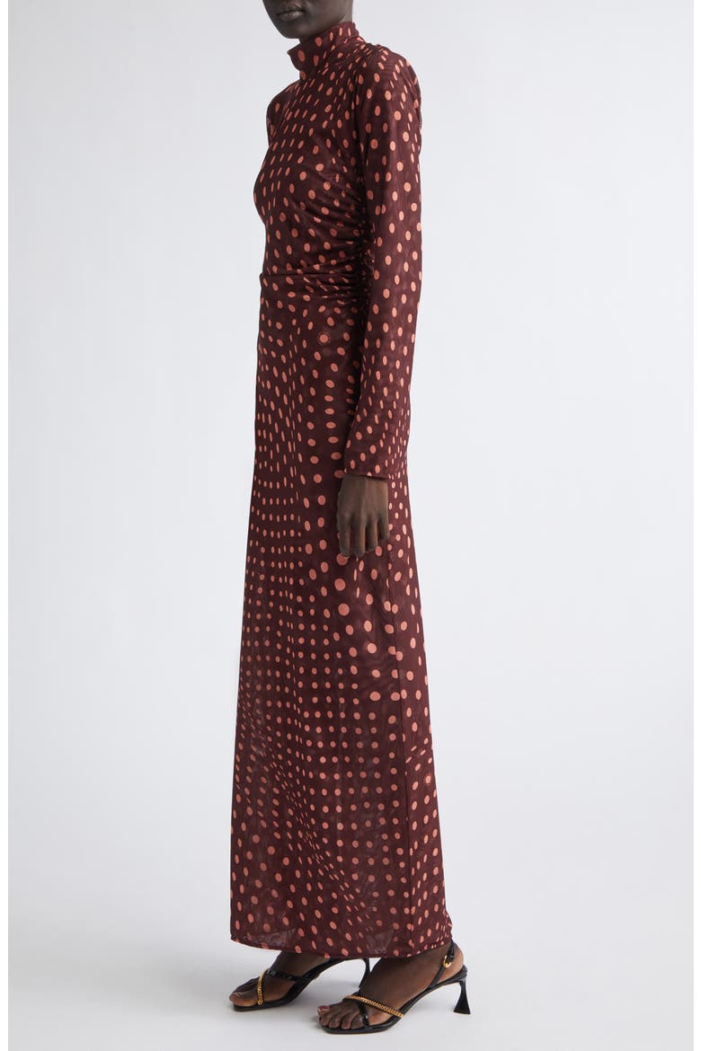 Polka Dot Mesh Long Sleeve Ruched Maxi Dress, Alternate, color, BURGUNDY/ PINK