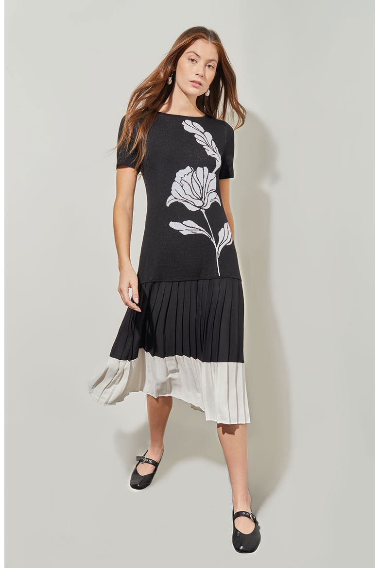 Modern Fit Mixed Media Pleated Midi Dress, Alternate, color, BLACK/ WHITE