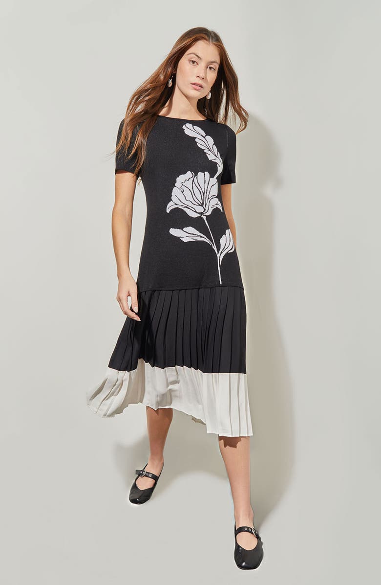 Ming Wang Modern Fit Mixed Media Pleated Midi Dress, Alternate, color, Black/ White