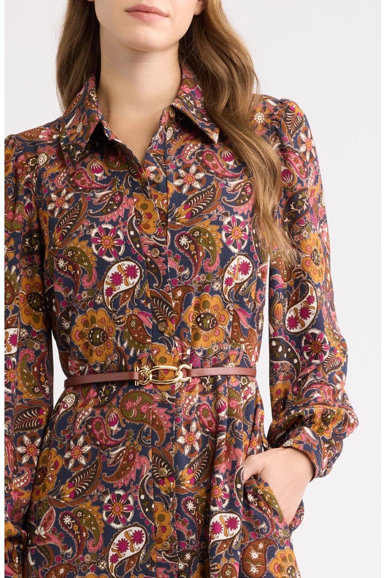 Print Belted Long Sleeve Maxi Shirtdress, Alternate, color, NAVY MULTI