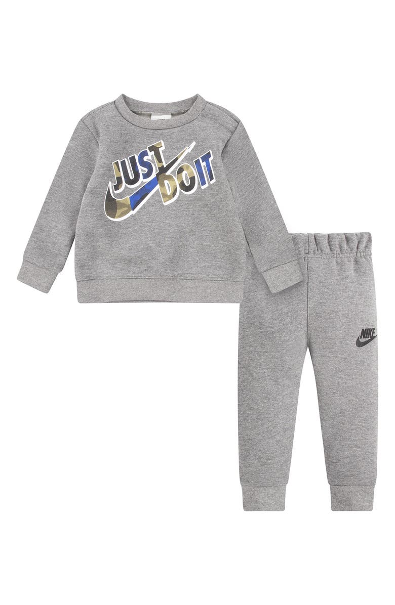 Nike Just Do It Camo Fleece Sweatshirt & Joggers Set, Main, color, Carbon Heather