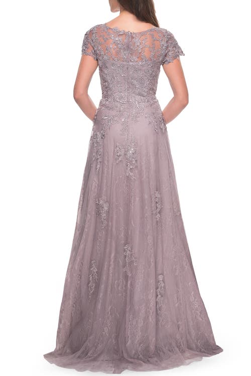 La Femme A-line Dress With Lace Applique And Sheer Short Sleeves In Dusty Lilac