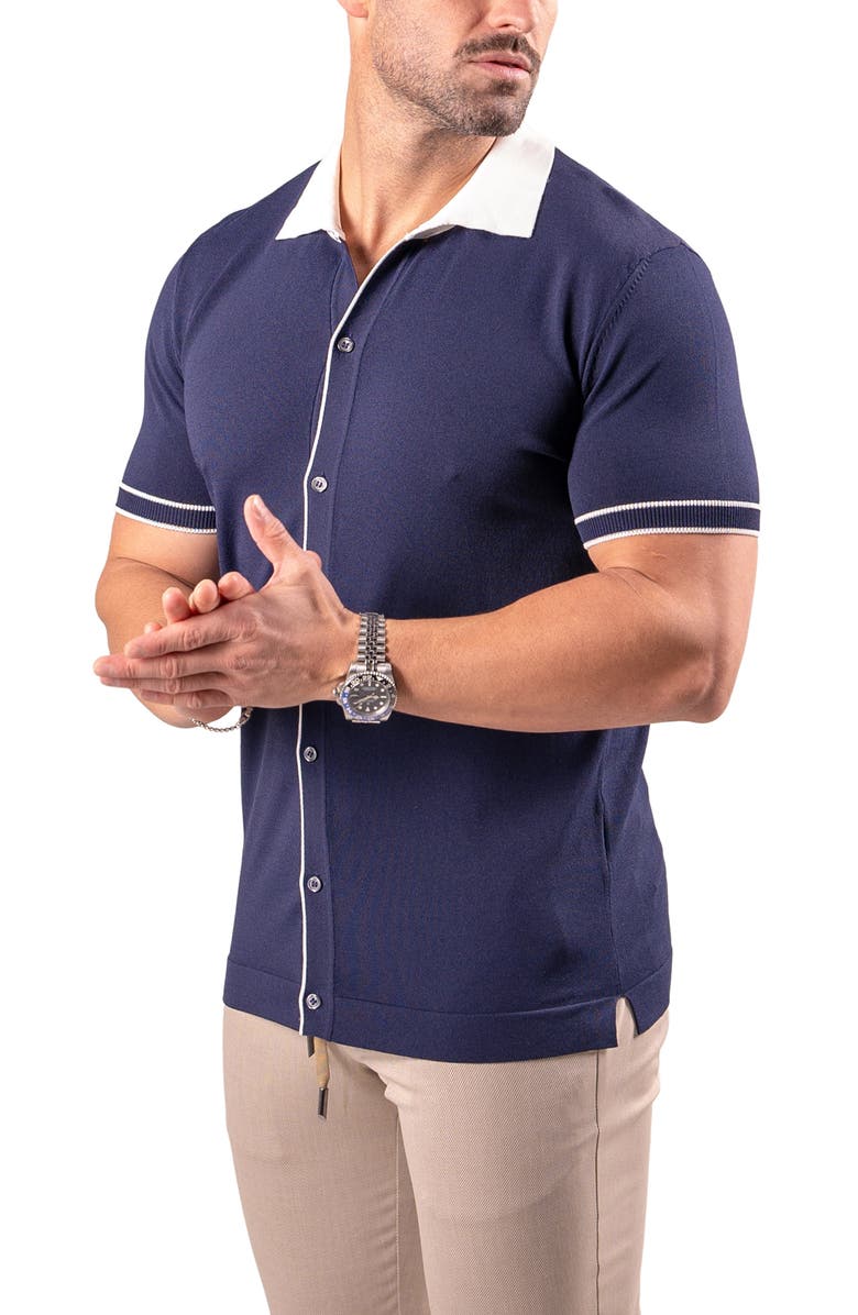 Maceoo Tipped Knit Short Sleeve Button-Up Shirt, Alternate, color, Blue
