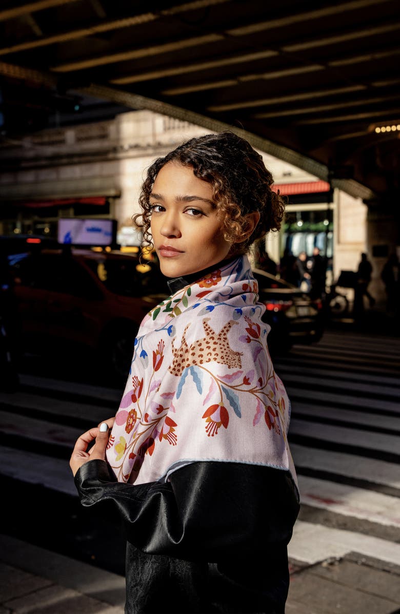 Jessie Zhao New York Double Sided Wool Silk Scarf Of Pink Blossom Jungle, Alternate, color, Pink