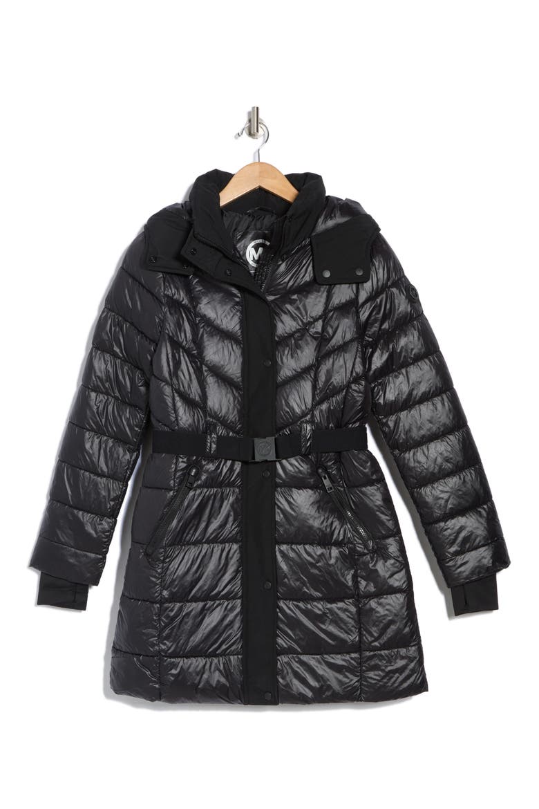 Hooded Belted Long Puffer Jacket, Alternate, color, BLACK