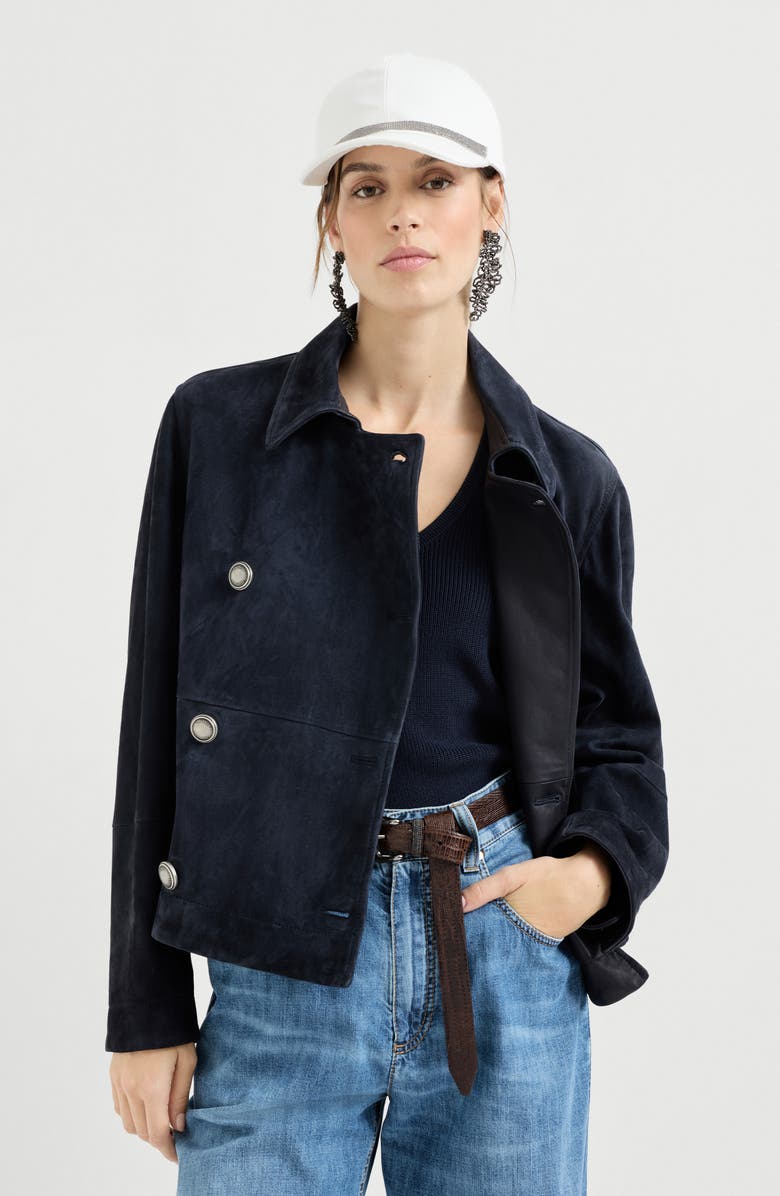 Brunello Cucinelli Couture suede cropped pea coat, Alternate, color, Blue