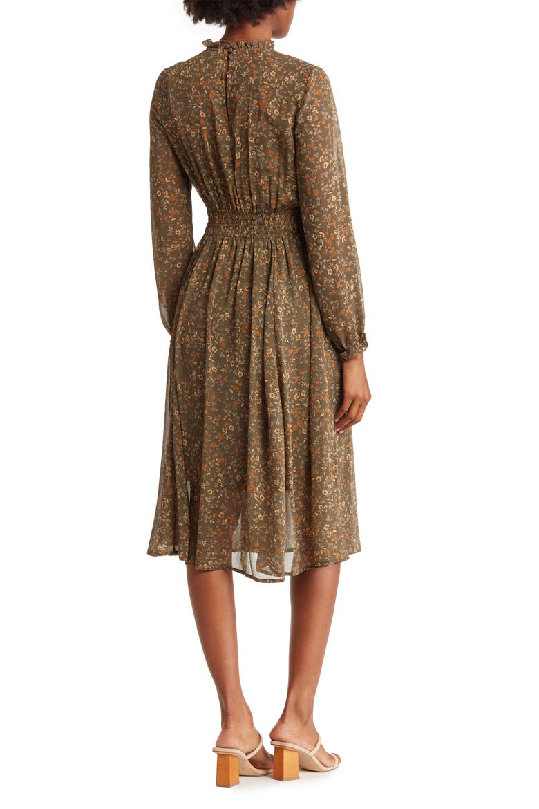 Ruffle Neck Midi Dress, Alternate, color, LUGGAGE MULTI