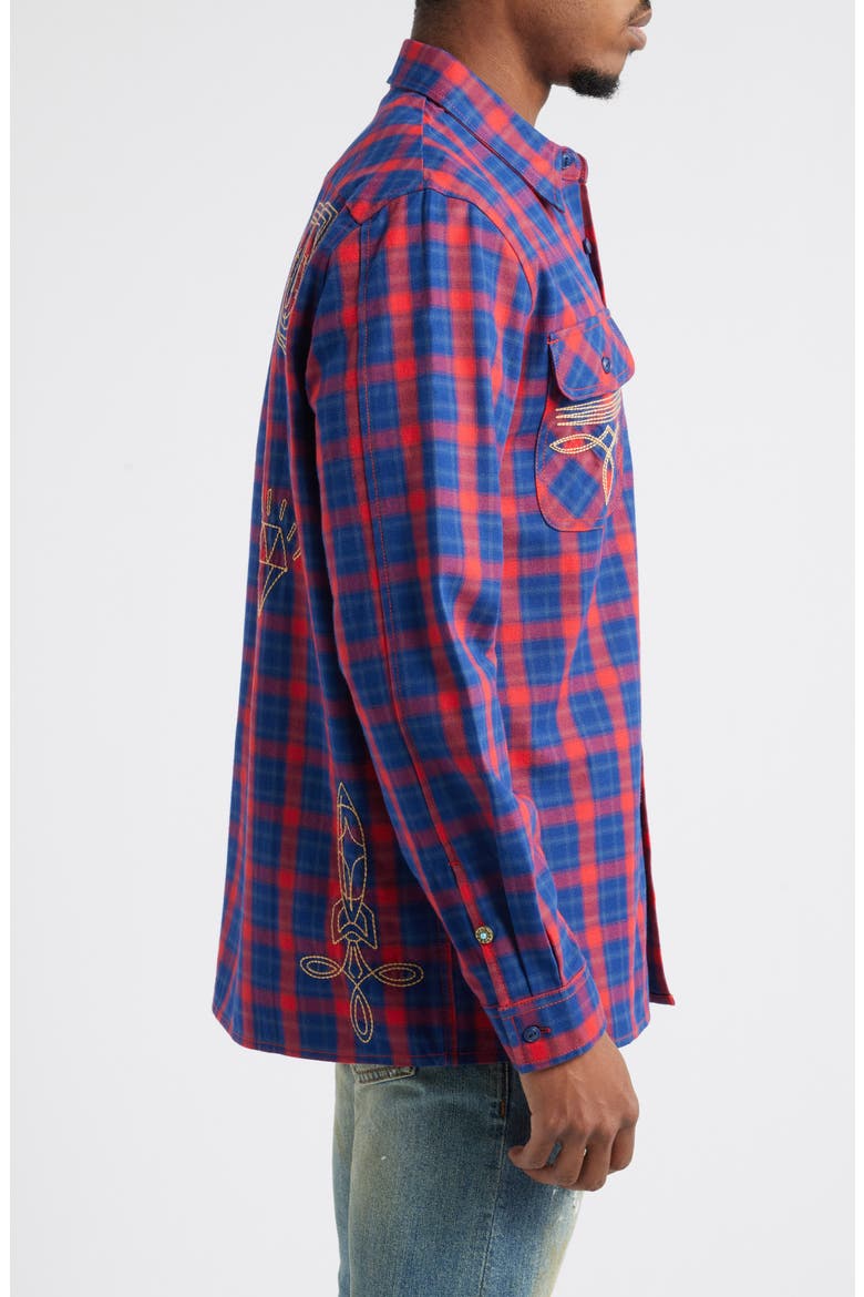 Dust Embroidered Plaid Flannel Button-Up Shirt, Alternate, color, RACING RED